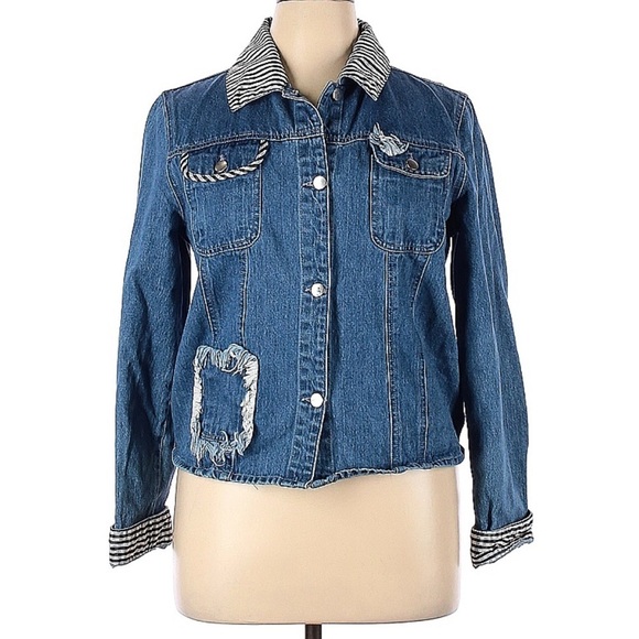 Samantha Sipos Jacket Women’s XL Embroidered Girls Denim Blue Plaid Distressed - Picture 4 of 5